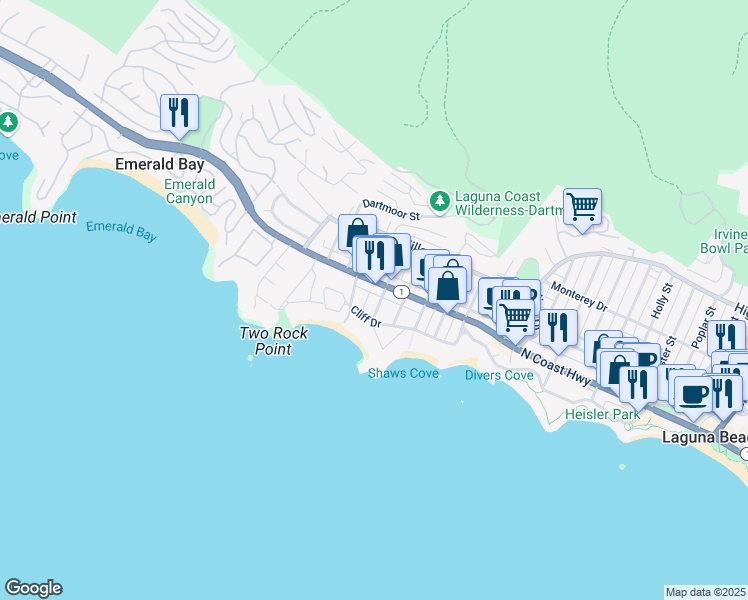 map of restaurants, bars, coffee shops, grocery stores, and more near 156 Chiquita Street in Laguna Beach