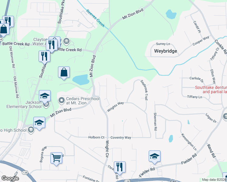 map of restaurants, bars, coffee shops, grocery stores, and more near 7575 Raleigh Lane in Jonesboro
