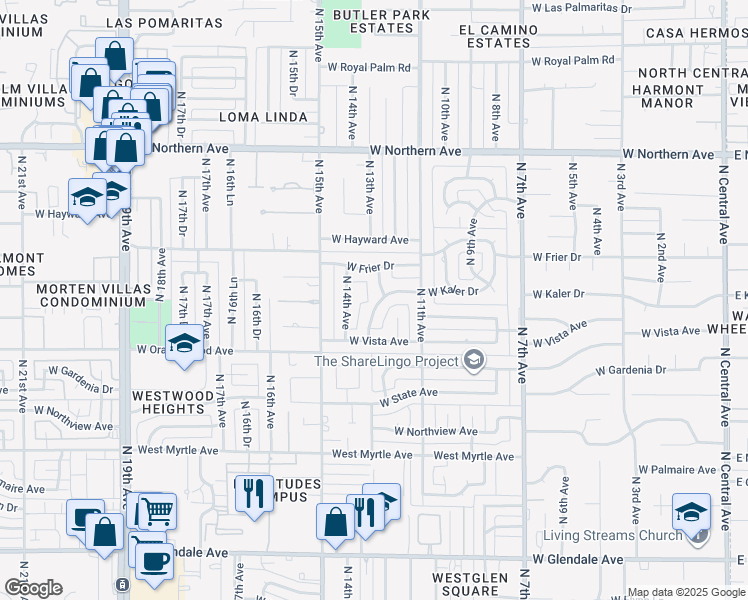 map of restaurants, bars, coffee shops, grocery stores, and more near 7530 North 13th Avenue in Phoenix