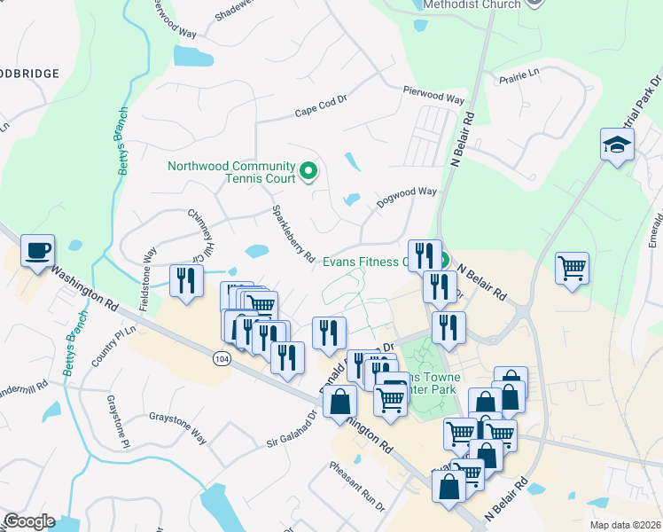 map of restaurants, bars, coffee shops, grocery stores, and more near 852 Sparkleberry Road in Evans