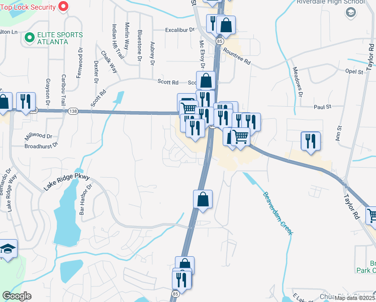 map of restaurants, bars, coffee shops, grocery stores, and more near 781 Commerce Boulevard in Riverdale