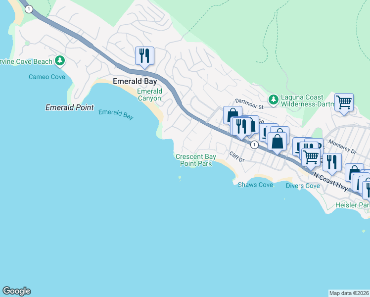 map of restaurants, bars, coffee shops, grocery stores, and more near 1570 Via Corsica in Laguna Beach