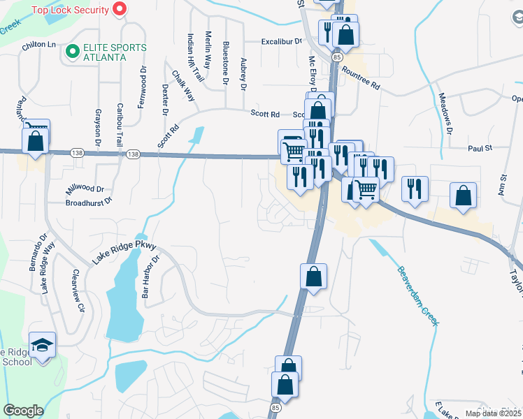 map of restaurants, bars, coffee shops, grocery stores, and more near 7657 Commerce Court in Riverdale