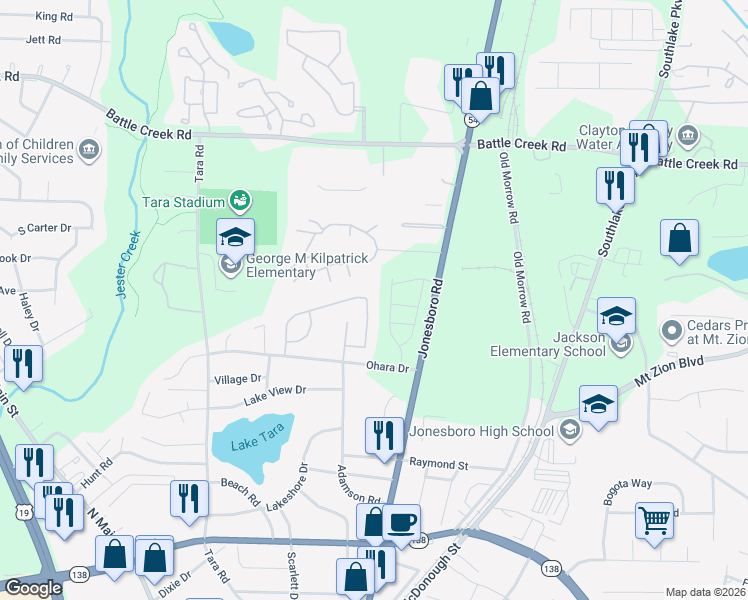 map of restaurants, bars, coffee shops, grocery stores, and more near 7463 Garnet Drive in Jonesboro