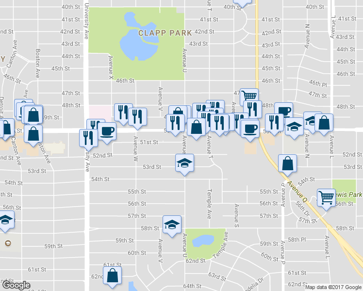 map of restaurants, bars, coffee shops, grocery stores, and more near 2101 51st Street in Lubbock