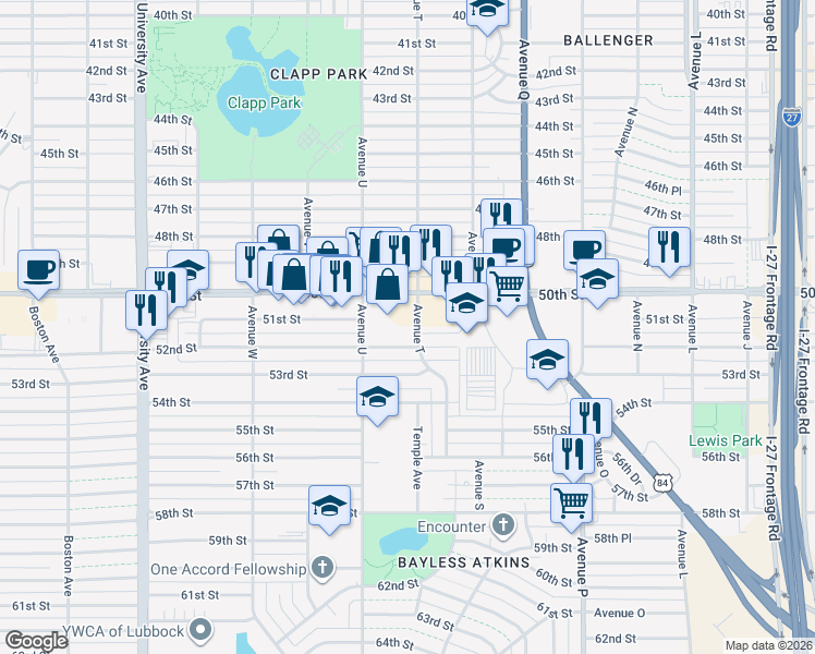 map of restaurants, bars, coffee shops, grocery stores, and more near 5106 Avenue T in Lubbock