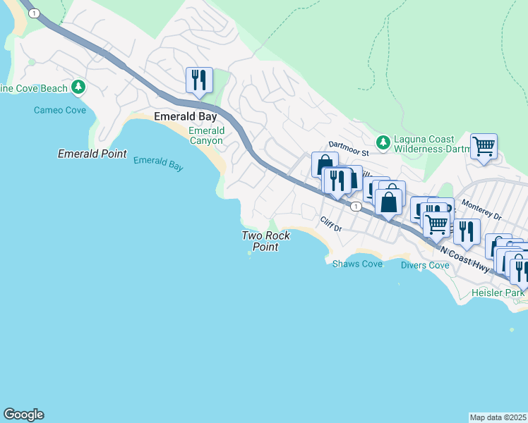 map of restaurants, bars, coffee shops, grocery stores, and more near 1570 Via Corsica in Laguna Beach