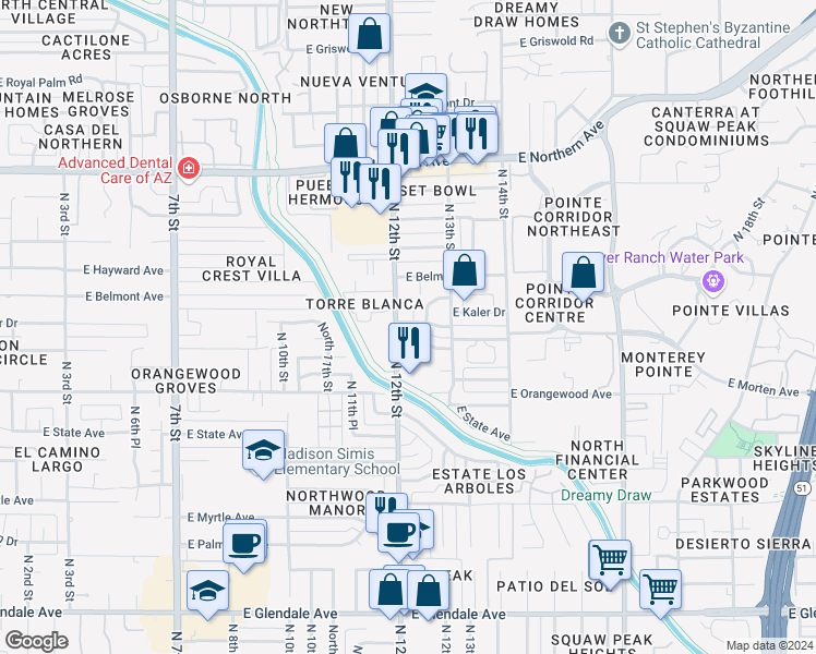 map of restaurants, bars, coffee shops, grocery stores, and more near 1211 East Kaler Drive in Phoenix