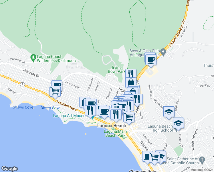 map of restaurants, bars, coffee shops, grocery stores, and more near 483 Aster Street in Laguna Beach