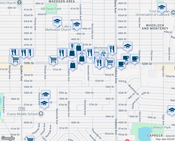 map of restaurants, bars, coffee shops, grocery stores, and more near 5018 Kenosha Avenue in Lubbock