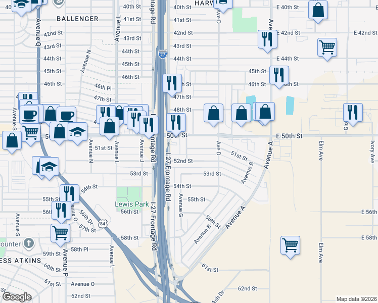 map of restaurants, bars, coffee shops, grocery stores, and more near 527 51st Street in Lubbock