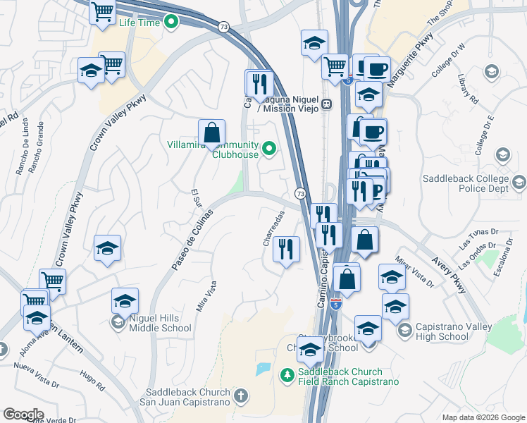 map of restaurants, bars, coffee shops, grocery stores, and more near 25922 Pasofino in Laguna Niguel
