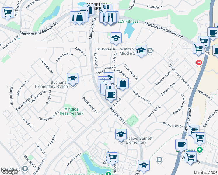 map of restaurants, bars, coffee shops, grocery stores, and more near 26624 Margarita Road in Murrieta