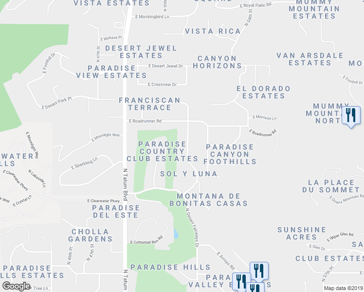map of restaurants, bars, coffee shops, grocery stores, and more near 7608 North Shadow Mountain Road in Paradise Valley