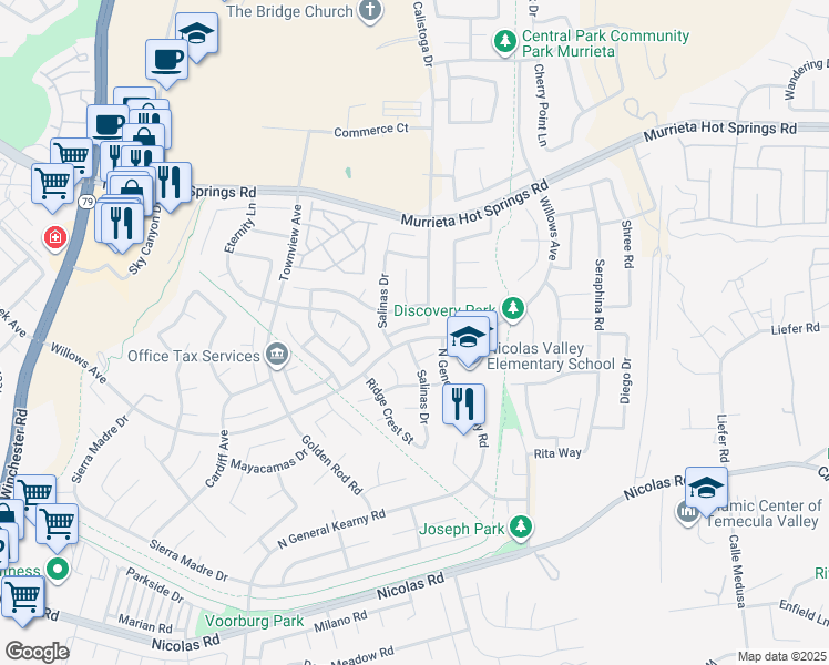 map of restaurants, bars, coffee shops, grocery stores, and more near 30451 Mendocino Way in Murrieta