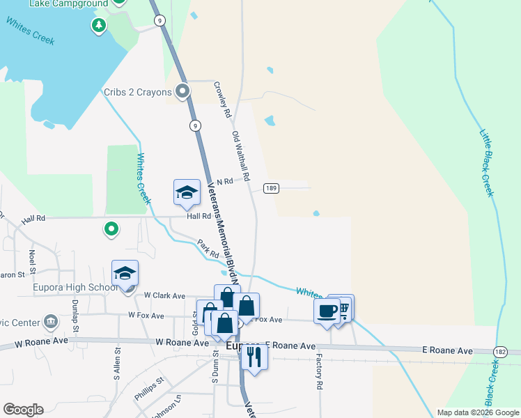 map of restaurants, bars, coffee shops, grocery stores, and more near 301-399 Old Walthall Road in Eupora