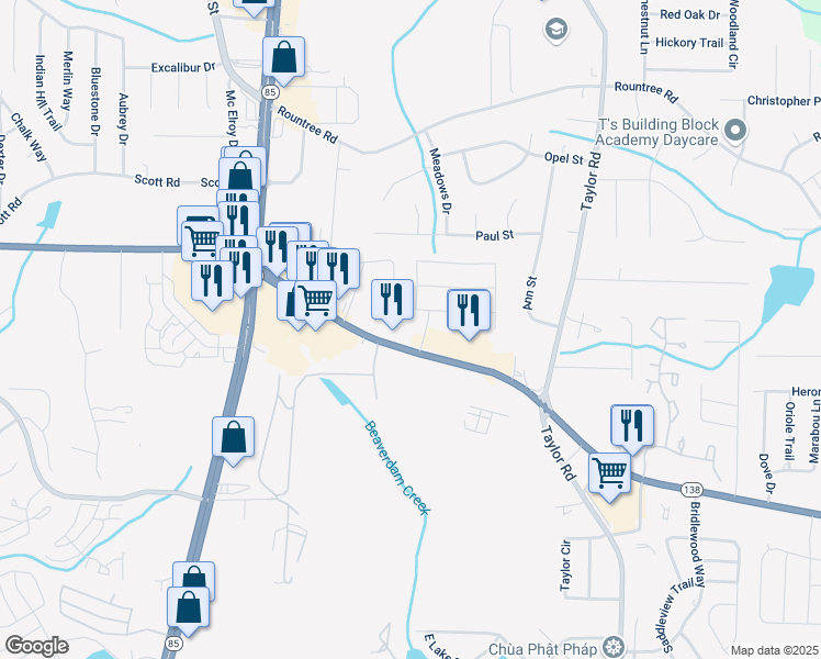 map of restaurants, bars, coffee shops, grocery stores, and more near 555 Georgia 138 in Riverdale