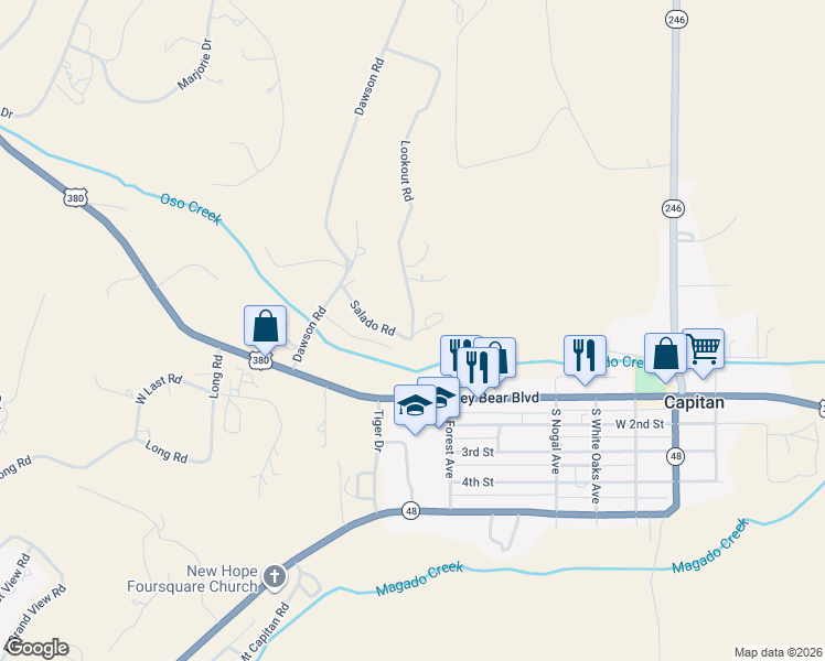 map of restaurants, bars, coffee shops, grocery stores, and more near Salado Rd in Capitan