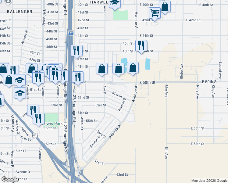 map of restaurants, bars, coffee shops, grocery stores, and more near 407 51st St in Lubbock
