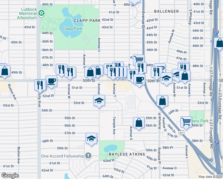 map of restaurants, bars, coffee shops, grocery stores, and more near 5106 Avenue T in Lubbock