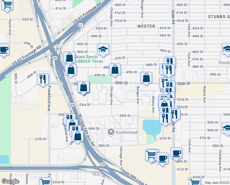 map of restaurants, bars, coffee shops, grocery stores, and more near 5001 Chicago Avenue in Lubbock