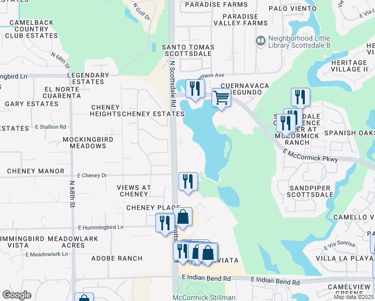 map of restaurants, bars, coffee shops, grocery stores, and more near 7421 North Scottsdale Road in Scottsdale