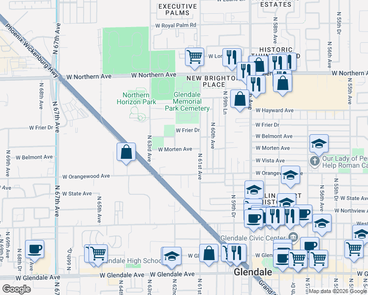 map of restaurants, bars, coffee shops, grocery stores, and more near 7601 North 62nd Avenue in Glendale