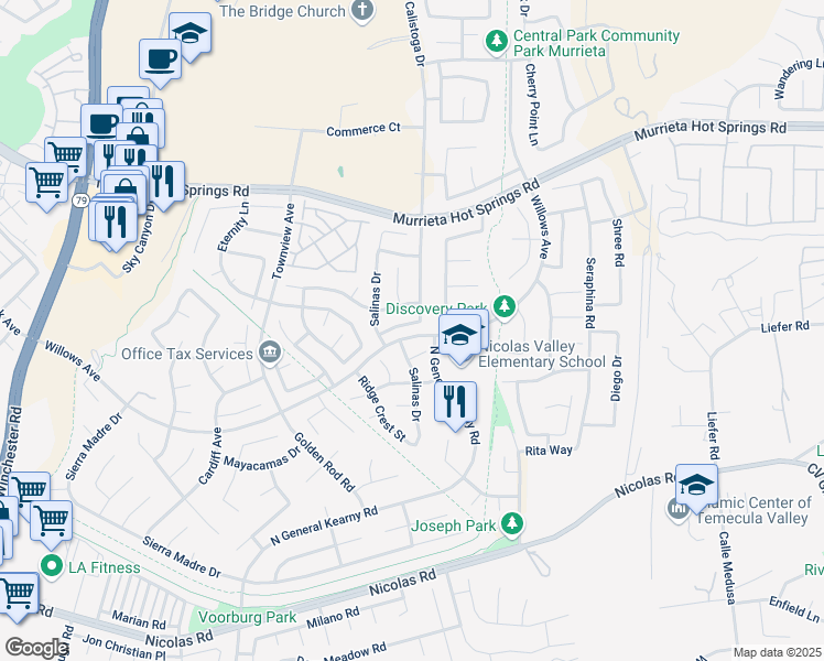 map of restaurants, bars, coffee shops, grocery stores, and more near 30475 Mendocino Way in Murrieta