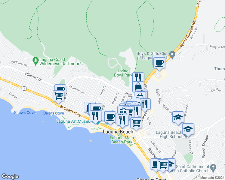map of restaurants, bars, coffee shops, grocery stores, and more near 483 Aster Street in Laguna Beach
