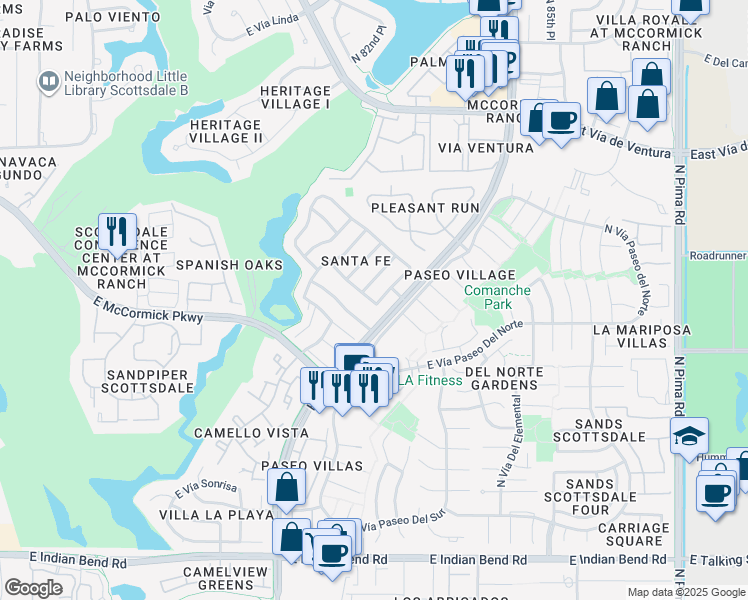 map of restaurants, bars, coffee shops, grocery stores, and more near 7640 North Vía De Platina in Scottsdale