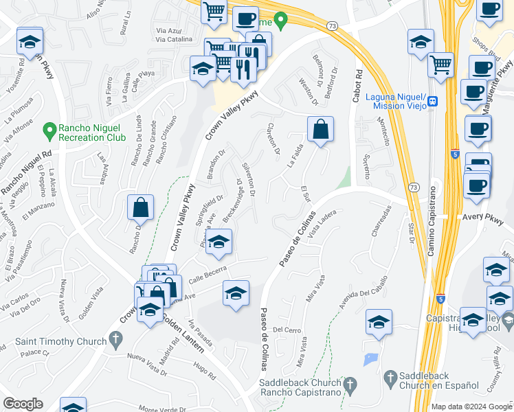 map of restaurants, bars, coffee shops, grocery stores, and more near 28602 Silverton Drive in Laguna Niguel