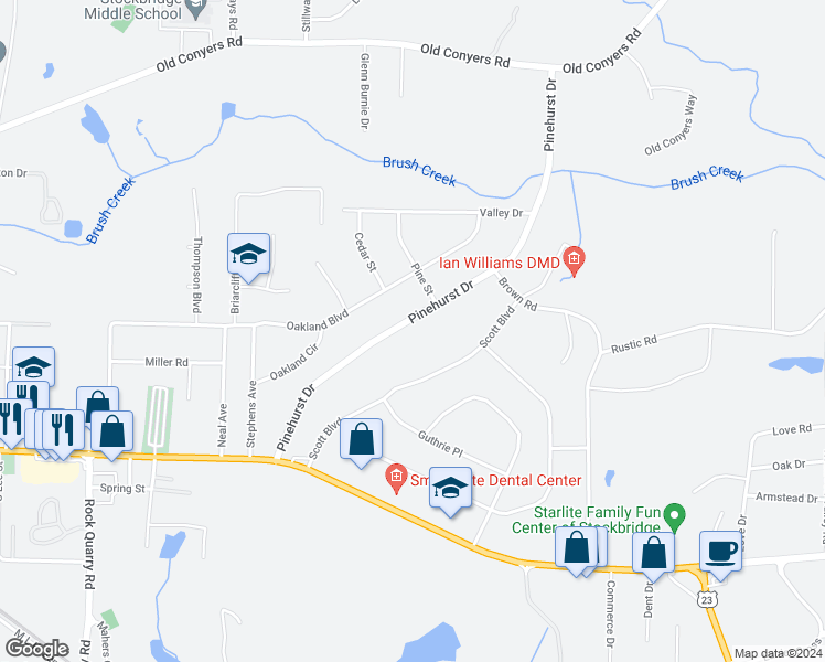 map of restaurants, bars, coffee shops, grocery stores, and more near 220 Pinehurst Drive in Stockbridge