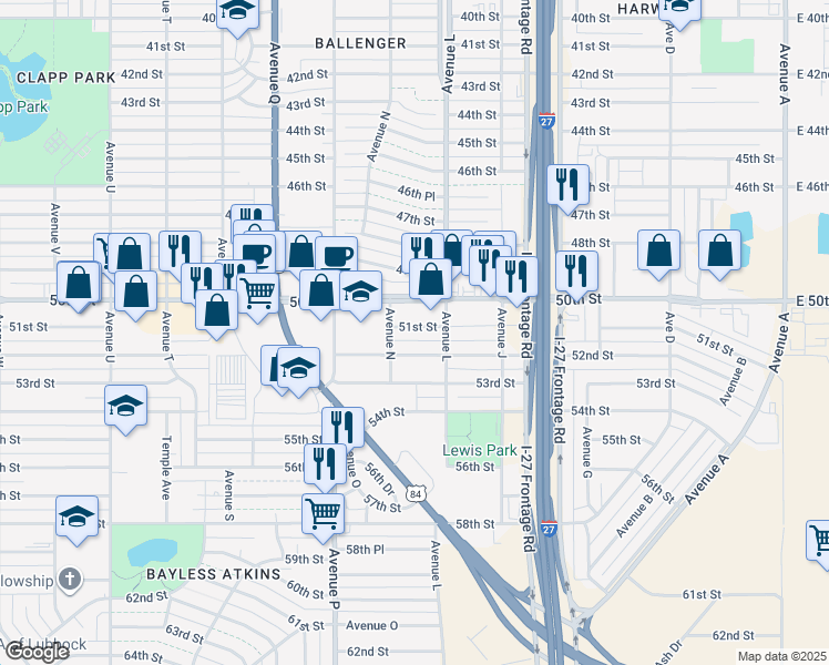 map of restaurants, bars, coffee shops, grocery stores, and more near 1311 51st Street in Lubbock