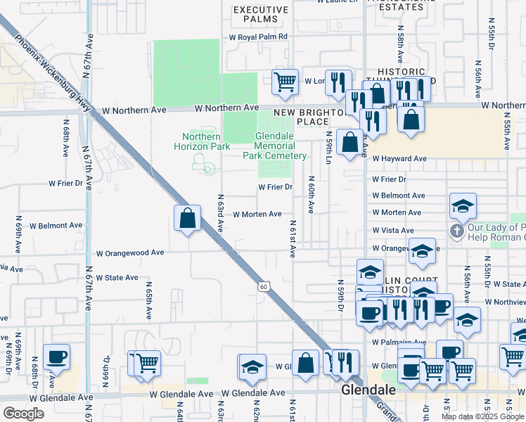 map of restaurants, bars, coffee shops, grocery stores, and more near 7601 North 62nd Avenue in Glendale