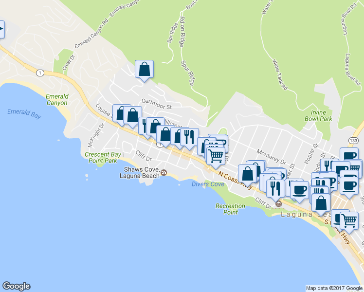 map of restaurants, bars, coffee shops, grocery stores, and more near 222 Wave Street in Laguna Beach