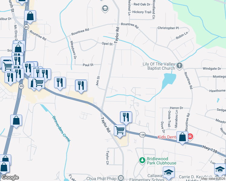 map of restaurants, bars, coffee shops, grocery stores, and more near 7560 Taylor Road in Riverdale
