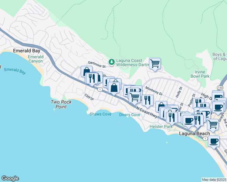 map of restaurants, bars, coffee shops, grocery stores, and more near 222 Wave Street in Laguna Beach