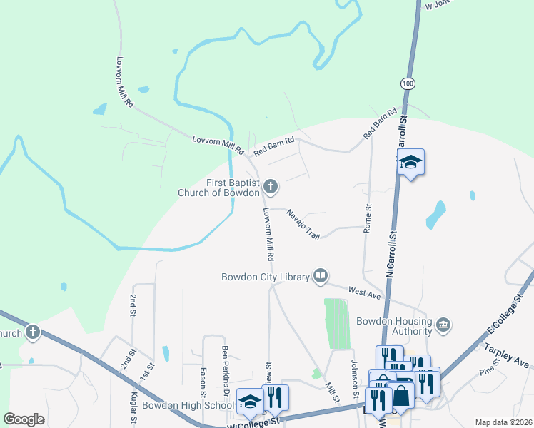 map of restaurants, bars, coffee shops, grocery stores, and more near 290 Navajo Trail in Bowdon