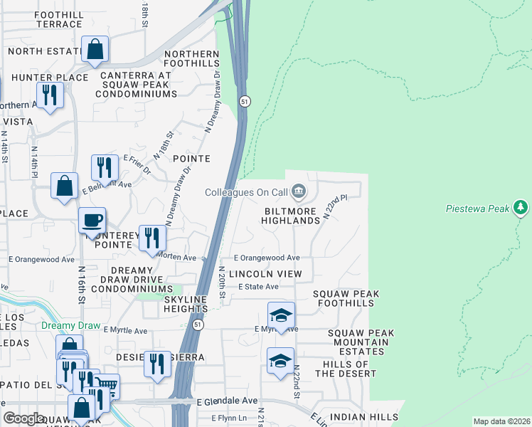 map of restaurants, bars, coffee shops, grocery stores, and more near 2106 East Kaler Drive in Phoenix