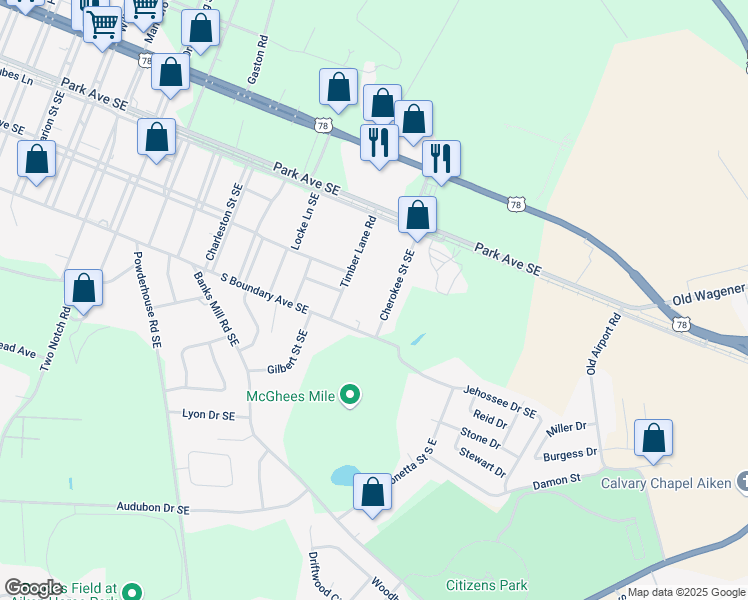 map of restaurants, bars, coffee shops, grocery stores, and more near 1850 South Boundary Avenue Southeast in Aiken