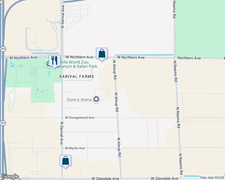 map of restaurants, bars, coffee shops, grocery stores, and more near 7708 North Alsup Road in Litchfield Park