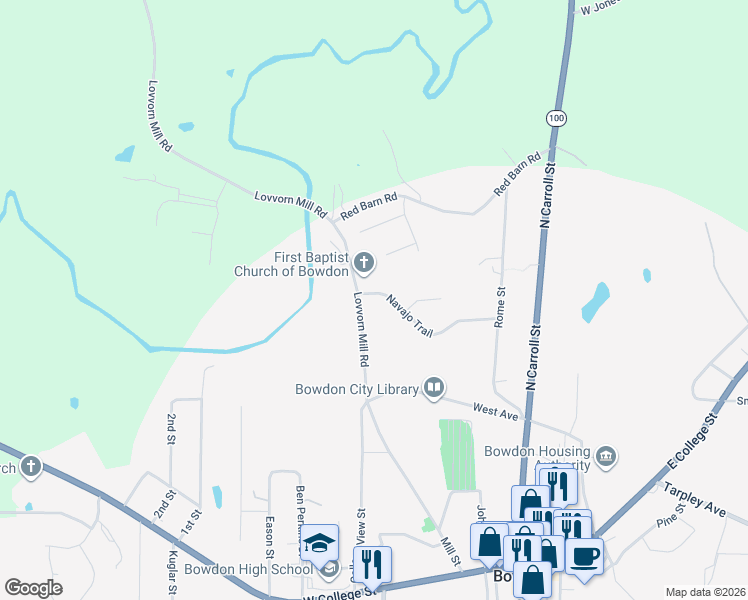 map of restaurants, bars, coffee shops, grocery stores, and more near 290 Navajo Trail in Bowdon