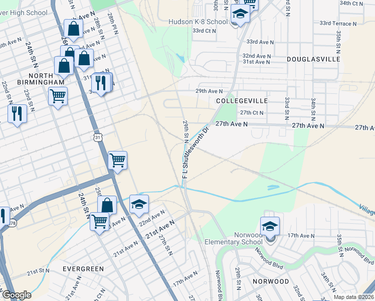 map of restaurants, bars, coffee shops, grocery stores, and more near 2550 F L Shuttlesworth Drive in Birmingham