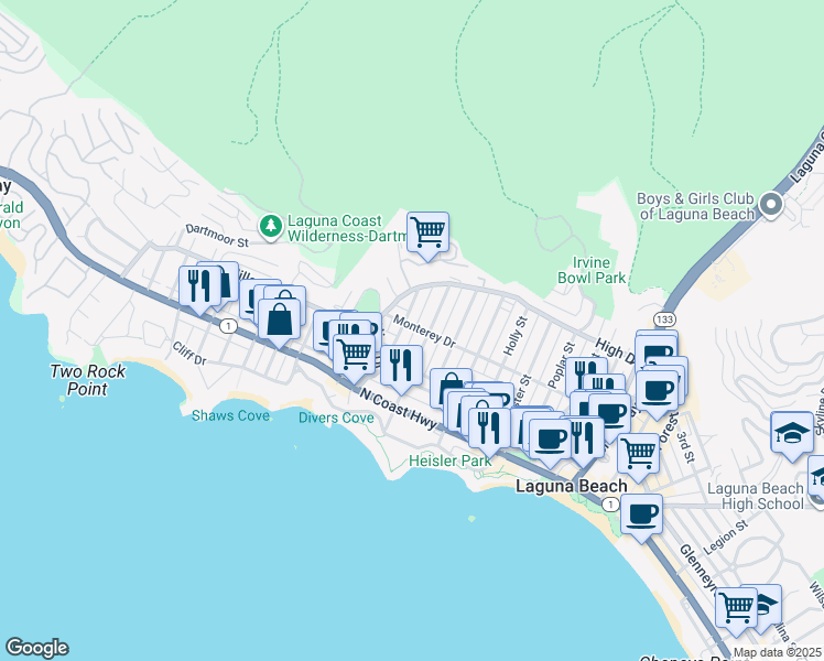 map of restaurants, bars, coffee shops, grocery stores, and more near 531 Monterey Drive in Laguna Beach