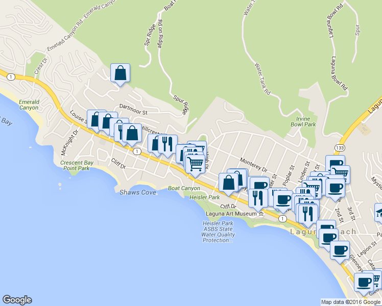 map of restaurants, bars, coffee shops, grocery stores, and more near 280 Dolphin Way in Laguna Beach