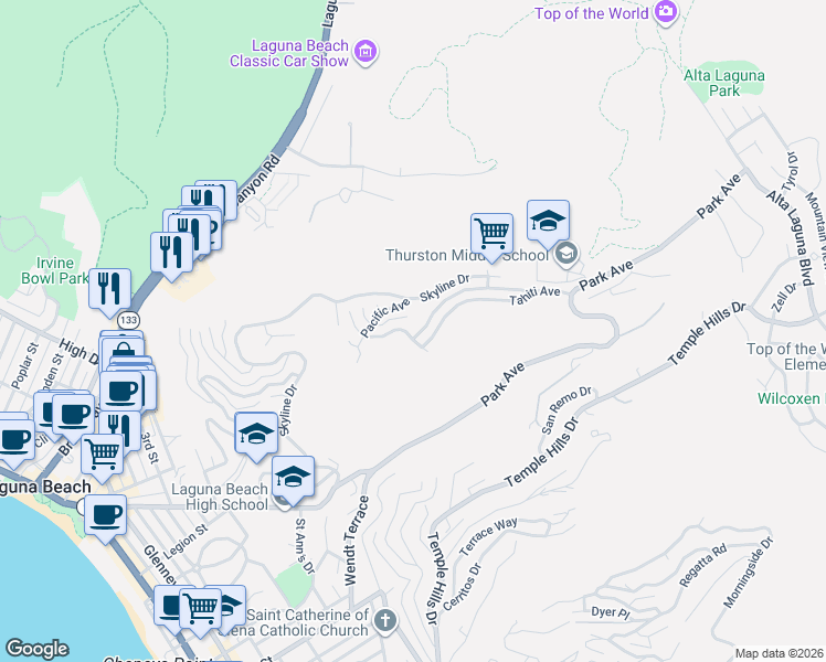 map of restaurants, bars, coffee shops, grocery stores, and more near 1500 Caribbean Way in Laguna Beach