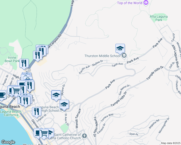 map of restaurants, bars, coffee shops, grocery stores, and more near 1500 Caribbean Way in Laguna Beach