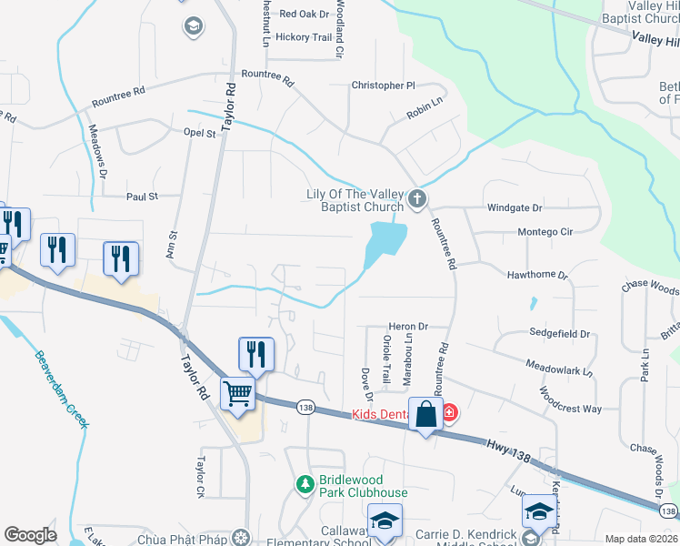 map of restaurants, bars, coffee shops, grocery stores, and more near 7577 Antebellum Lane in Riverdale