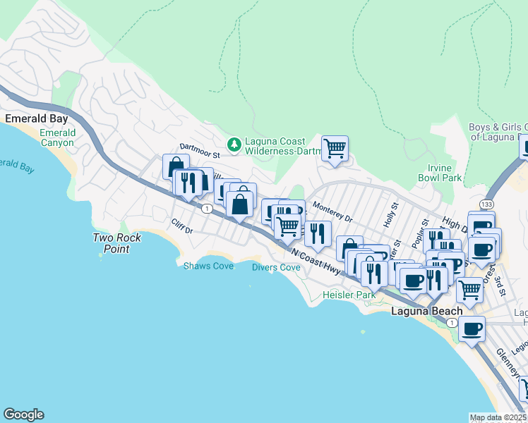 map of restaurants, bars, coffee shops, grocery stores, and more near 252 Grandview Street in Laguna Beach