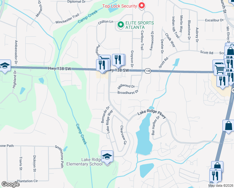 map of restaurants, bars, coffee shops, grocery stores, and more near 7678 Broadhurst Drive in Riverdale